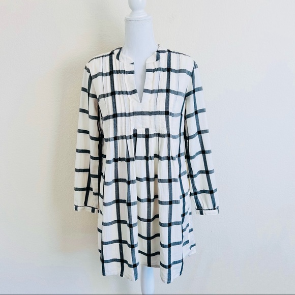 Cream & Black Grid Check Ruched V-Neck Long Sleeve Peasant Dress - Picture 3 of 15